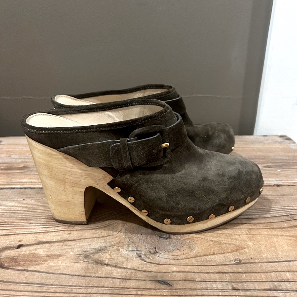 Veronica Beard | Dacey Suede Military Wood Slip On Buckle Studded Clog, 10